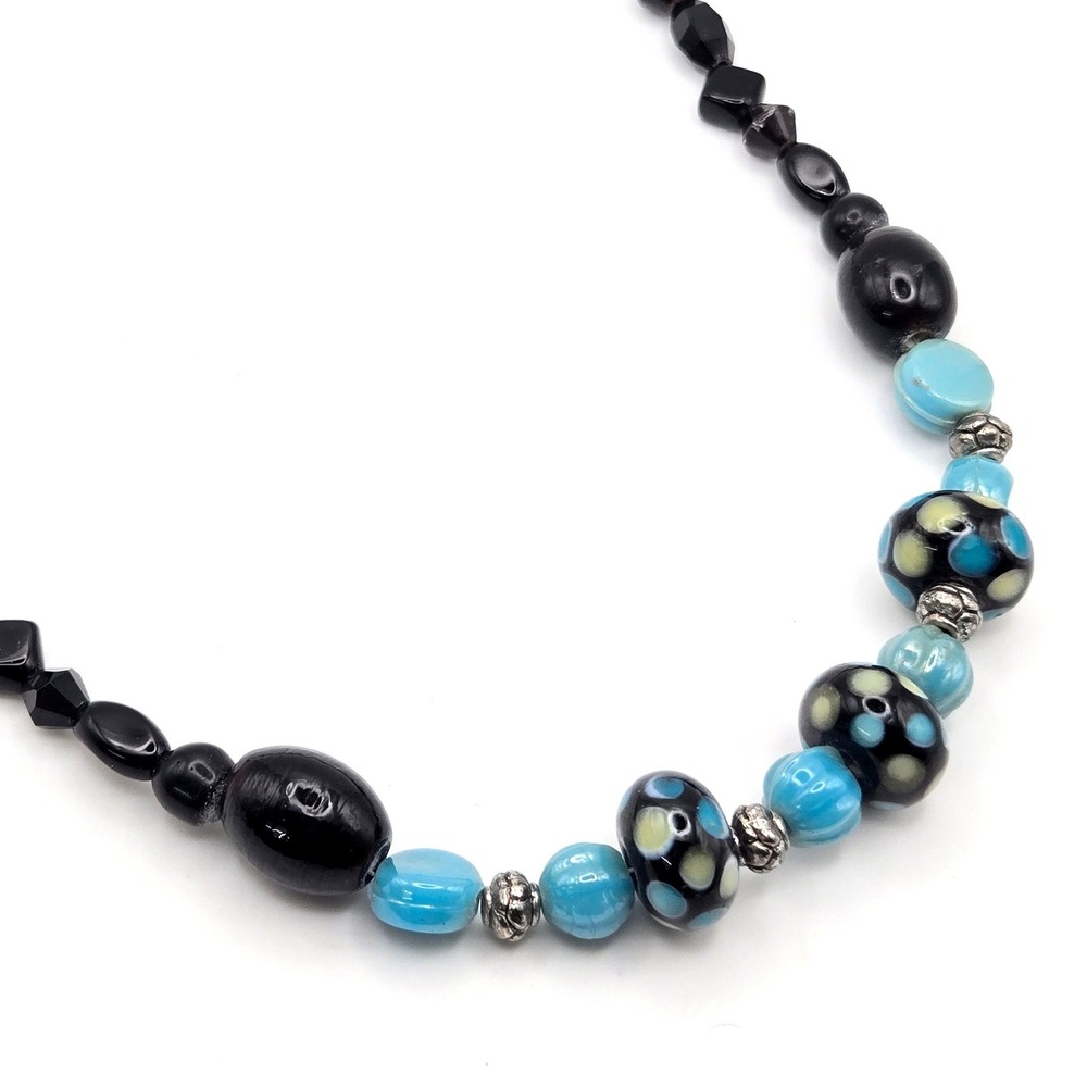 Lampwork Glass Bead Necklace Black Blue Spotted Polka Dot Silver Tone‎ 18in